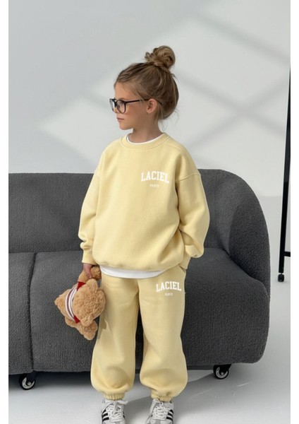 Unisex Çocuk Pamuklu Sarı Oversize Baskılı Eşofman Takımı – Sweatshirt & Jogger