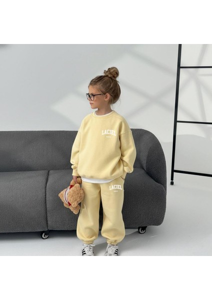 Unisex Çocuk Pamuklu Sarı Oversize Baskılı Eşofman Takımı – Sweatshirt & Jogger fırsatları