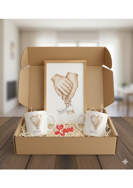 Sevgiliye Özel Hediye Seti|gerçek Ahşap Çerçeveli 24X32 Tasarım Tablo ve Kupa-Anahtarlık Seti