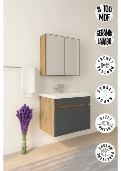 Tokyo Seramik Lavabolu Modern Aynalı Banyo Dolabı Mdf