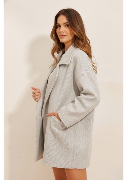 Balıksırtı Dokulu Gri Modern Kadın Kaban modelleri