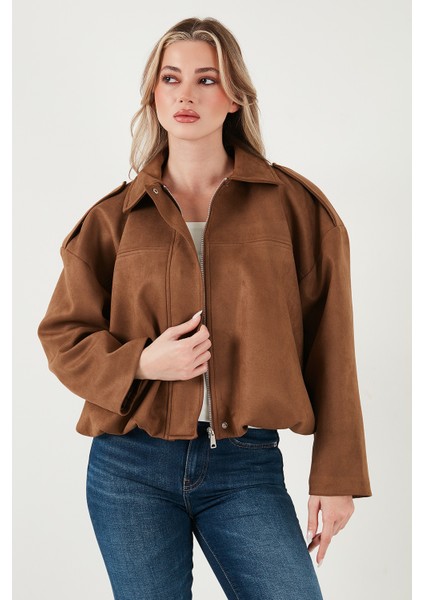 Oversize Fit Klasik Yaka Süet Dokulu Bomber Ceket Mont Bayan Mont 6524932