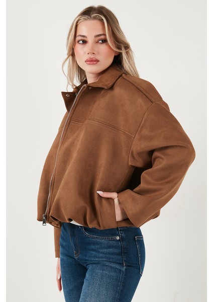 Oversize Fit Klasik Yaka Süet Dokulu Bomber Ceket Mont Bayan Mont 6524932 modelleri