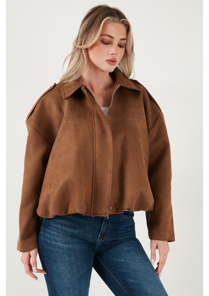 Oversize Fit Klasik Yaka Süet Dokulu Bomber Ceket Mont Bayan Mont 6524932 fırsatları