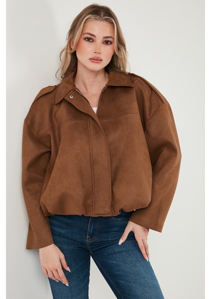 Oversize Fit Klasik Yaka Süet Dokulu Bomber Ceket Mont Bayan Mont 6524932 indirimleri