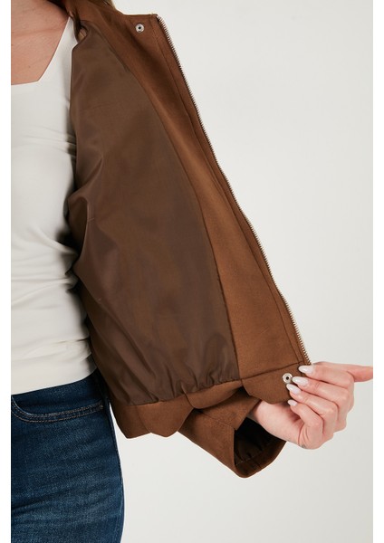 Oversize Fit Klasik Yaka Süet Dokulu Bomber Ceket Mont Bayan Mont 6524932