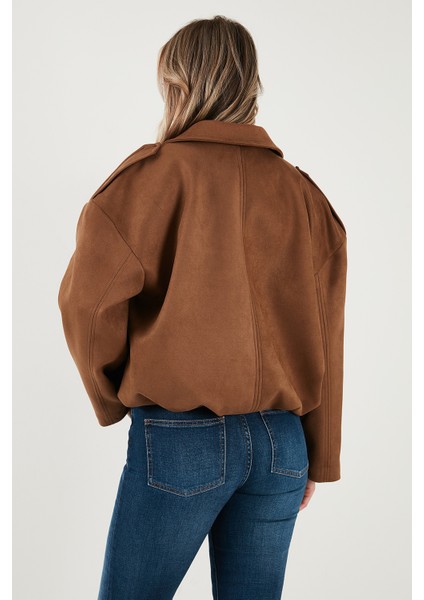 Oversize Fit Klasik Yaka Süet Dokulu Bomber Ceket Mont Bayan Mont 6524932