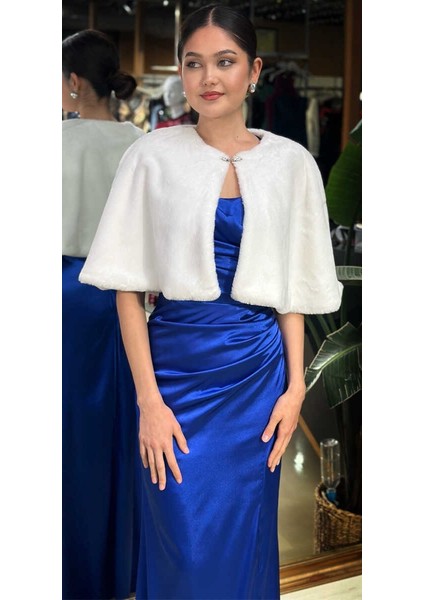 Beyaz Kısa Kollu Taş Detaylı Tay Tüyü Bolero Abiye Ceket 11165-02