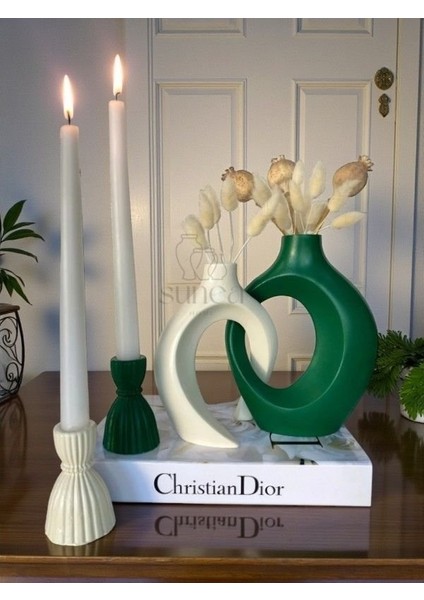 Dekoratif Sarmaşık Sevgili Vazo Seti, Şamdan Mumluklu Set