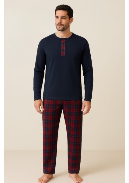 Erkek Midi Yaka Ekoseli Pijama Takımı