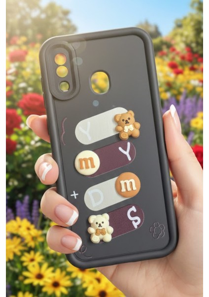 Samsung Galaxy A20 Uyumlu Kılıf Siyah Renk Ayıcık Figürlü 3D Kamera Korumalı Darbe Emici Yumuşak Silikon Kapak