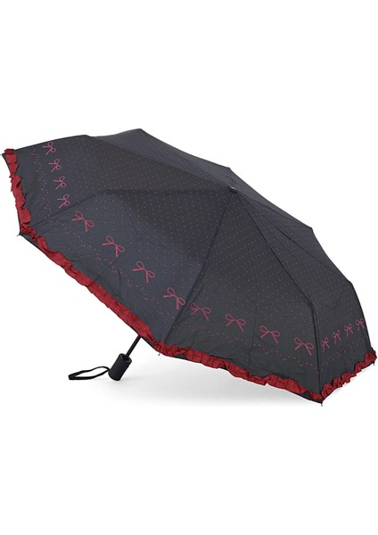 Şık Kurdele Detaylı, Fırfırlı, 8 Fiber Telli, Tam Otomatik Şemsiye Siyah Renk