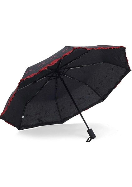 Şık Kurdele Detaylı, Fırfırlı, 8 Fiber Telli, Tam Otomatik Şemsiye Siyah Renk fiyatları