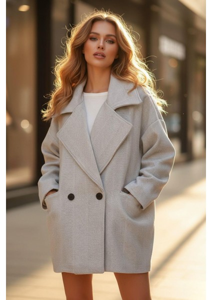 Oversize Yün Görünümlü Iki Düğmeli Kadın Kaban Gri