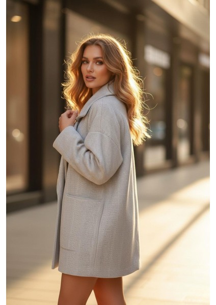 Oversize Yün Görünümlü Iki Düğmeli Kadın Kaban Gri fiyatları