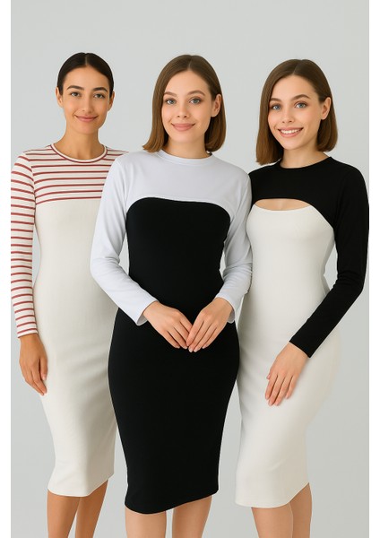 3’lü Ekonomik Set Sıfır Yuvarlak Yaka Boyunluklu Kolluk Body Esnek Likralı indirimleri