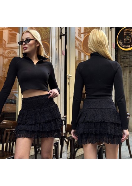 Kadın Kat Kat Dantelli Kısa Etek Si̇yah - Xs fiyatları