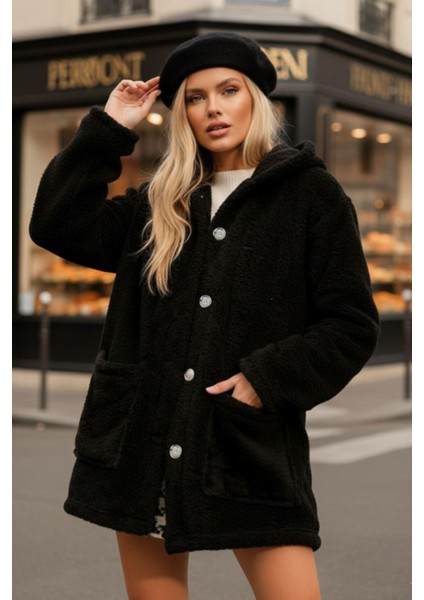 Yumuşak Dokulu Kapüşonlu Peluş Mont – Siyah