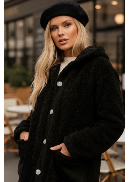Yumuşak Dokulu Kapüşonlu Peluş Mont – Siyah fiyatları