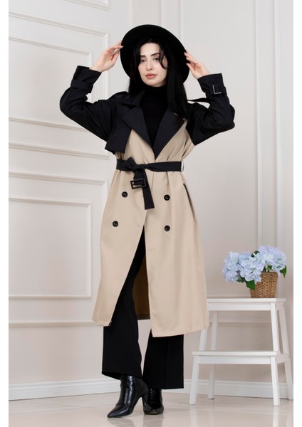 Iki Renk Cepken Detaylı Trençkot-Bej