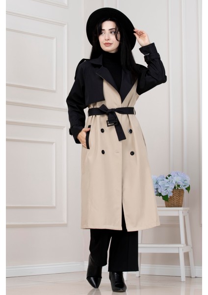 Iki Renk Cepken Detaylı Trençkot-Bej modelleri