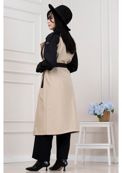 Iki Renk Cepken Detaylı Trençkot-Bej indirimleri