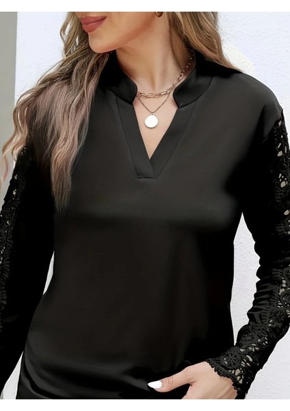Kadın Uzun Kollu Hakim Yaka Kolları Dantel Detaylı Ithal Krep Bluz fiyatları