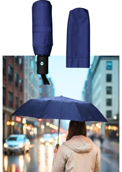 Lacivert Otomatik Kompakt Şemsiye, Güçlendirilmiş 8 Tel Yapısı, Yağmur Koruma