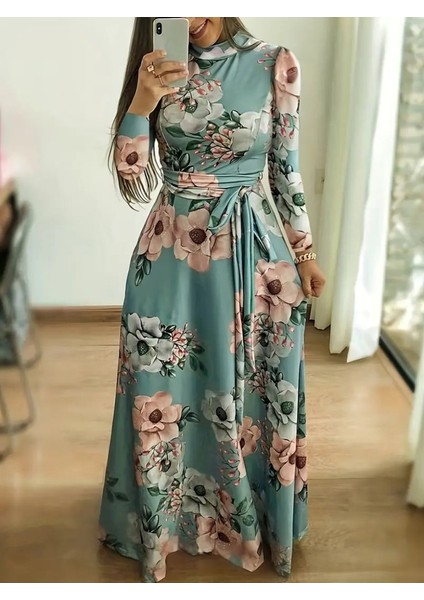 Kadın Uzun Kollu Yuvarlak Yakalı Beli Kuşaklı Desenli Süprem Uzun Elbise