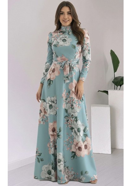 Kadın Uzun Kollu Yuvarlak Yakalı Beli Kuşaklı Desenli Süprem Uzun Elbise indirimleri