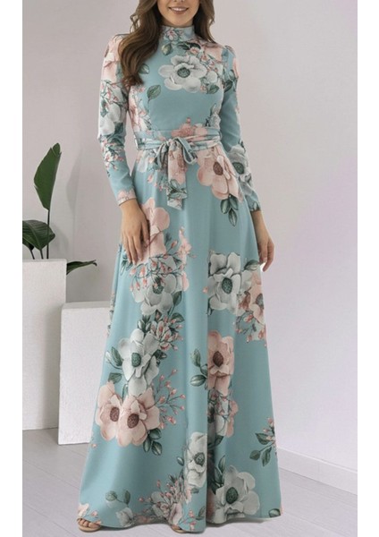 Kadın Uzun Kollu Yuvarlak Yakalı Beli Kuşaklı Desenli Süprem Uzun Elbise