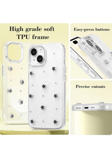 Tecno Spark 30C Kılıf Kamera Koruyucu Simli Yıldız Desenli Kabartmalı Şeffaf Slikon Kapak modelleri