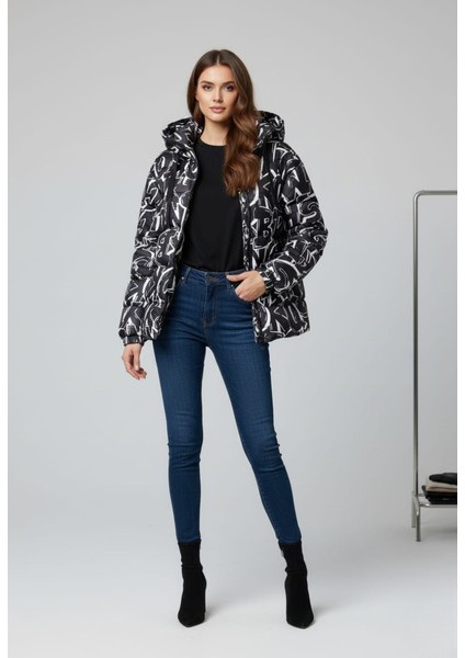Kadın Grafiti Desenli Kapşonlu Şişme Mont modelleri