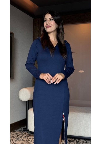 Kadın Uzun Kollu Balıkçı Yaka Önden Fermuarlı Yırtmaçlı Midi Viskon Iki Iplik Elbise fırsatları