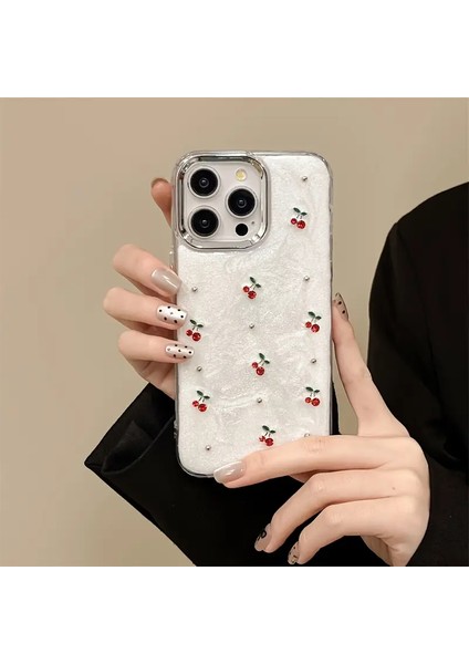 Samsung Galaxy S25 Plus Uyumlu Kılıf Kamera Koruyuculu Simli Kiraz Desenli Kabartmalı Şeffaf Slikon Kapak modelleri