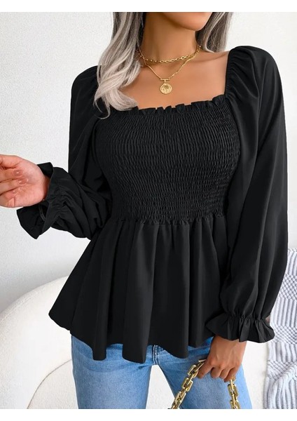 Kadın Uzun Kollu Geometrik Yakalı Gipe Detaylı Krep Bluz