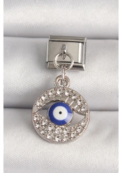 316L Çelik Gümüş Renk Zirkon Taşlı Göz Nazar Boncuk Detay Nomination Charm