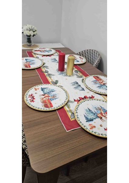 Yılbaşı Temalı 6 Adet 32 cm Lastikli Supla + 6 Adet Ahşap Supla Farklı Desen 50X140 Runner Masa Seti