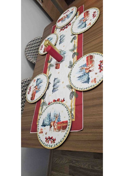 Yılbaşı Temalı 6 Adet 32 cm Lastikli Supla + 6 Adet Ahşap Supla Farklı Desen 50X140 Runner Masa Seti fiyatları