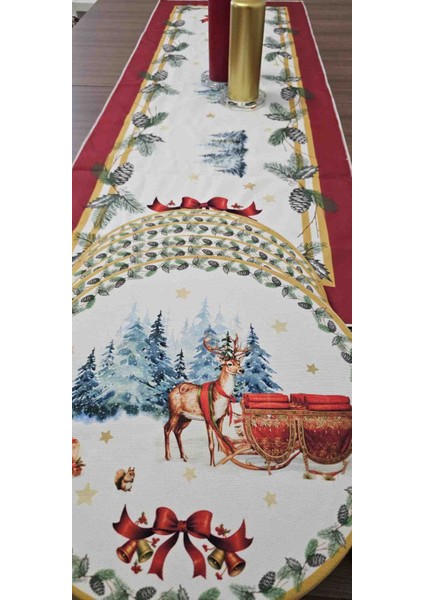 Yılbaşı Temalı 6 Adet 32 cm Lastikli Supla + 6 Adet Ahşap Supla Farklı Desen 50X140 Runner Masa Seti modelleri