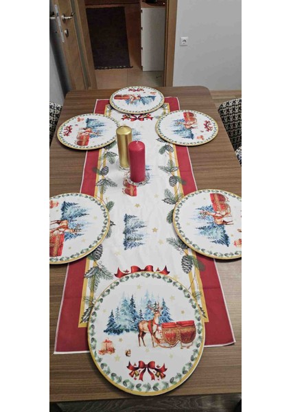 Yılbaşı Temalı 6 Adet 32 cm Lastikli Supla + 6 Adet Ahşap Supla Farklı Desen 50X140 Runner Masa Seti fırsatları