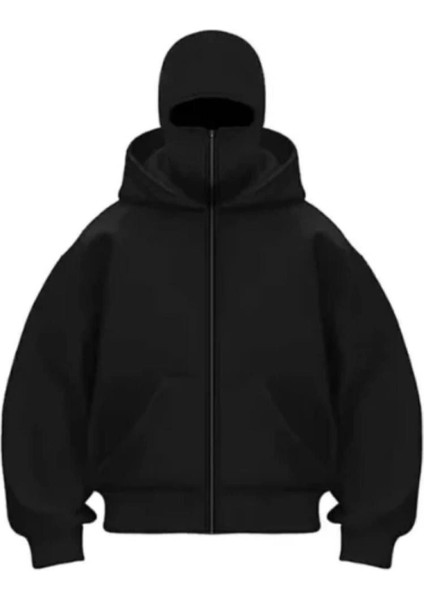 Samuray Ninja Çift Kapşonlu Zıp Fermuarlı Kanguru Çepli Hoodie Maske Detaylı Swetshirt - Siyah fiyatları