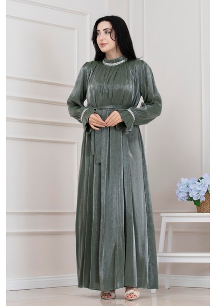 Simli Taşlı Abiye Elbise-Mint Yeşili