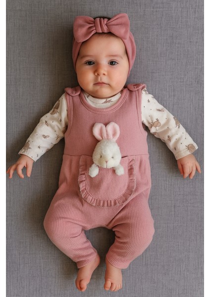 Bebek Kız 3'lü Tulum Takımı-Tavşan Desenli Badi Tavşan Nakışlı Mürdüm Salopet ve Çorap Seti Pamuklu