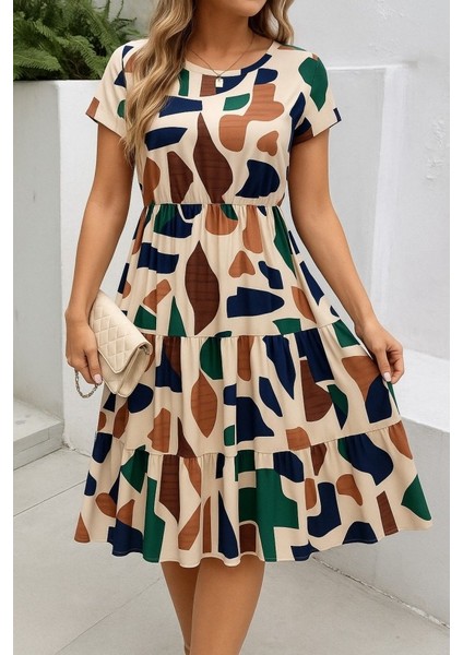 Kadın Kısa Kollu Bisiklet Yaka Desenli Fırfırlı Süprem Elbise