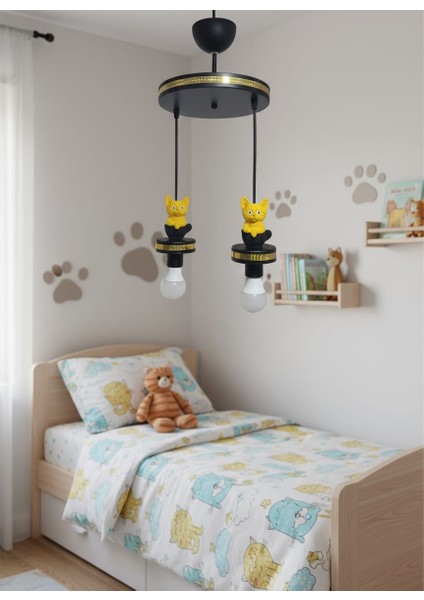 Çocuk Odası Sarı Kedi Figürlü Hologram Şeritli 2'li Sarkıt Avize