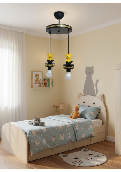 Çocuk Odası Sarı Kedi Figürlü Hologram Şeritli 2'li Sarkıt Avize fiyatları