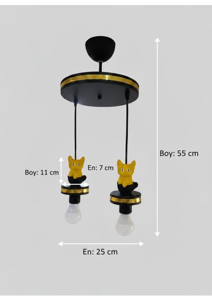 Çocuk Odası Sarı Kedi Figürlü Hologram Şeritli 2'li Sarkıt Avize modelleri