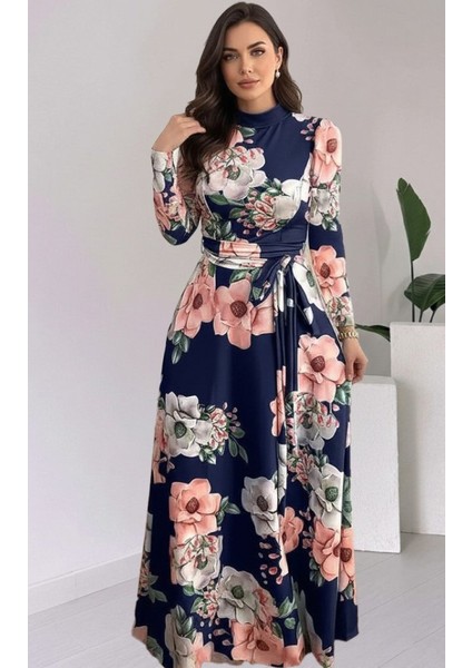 Kadın Uzun Kollu Yuvarlak Yakalı Beli Kuşaklı Desenli Süprem Uzun Elbise indirimleri