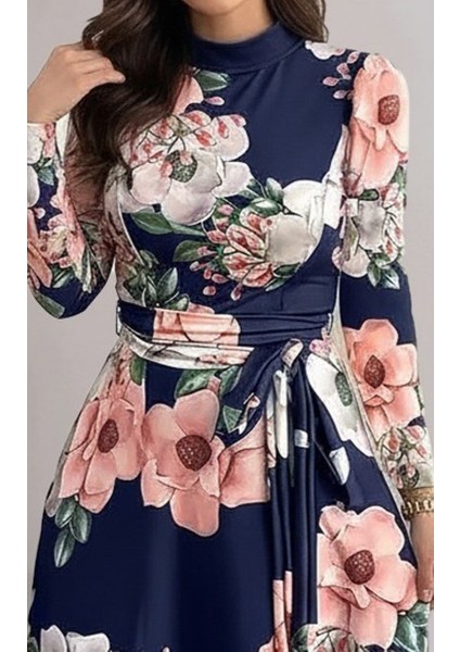 Kadın Uzun Kollu Yuvarlak Yakalı Beli Kuşaklı Desenli Süprem Uzun Elbise